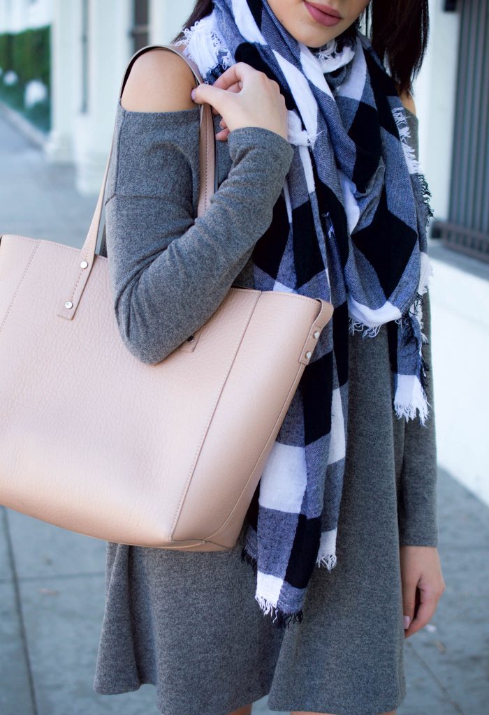 cold shoulder grey dress, pink tote, edit booties, steve madden booties, grey swing dress, black and white scarf