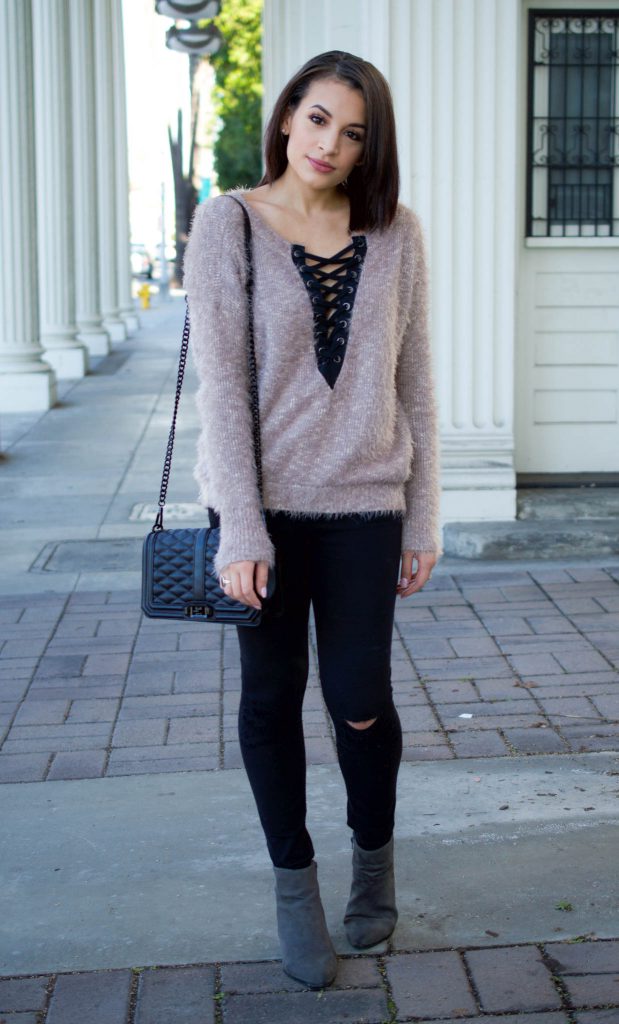 lace up sweater, express lace up sweater, fuzzy sweater, black ripped jeans, love crossbody, rebecca minkoff