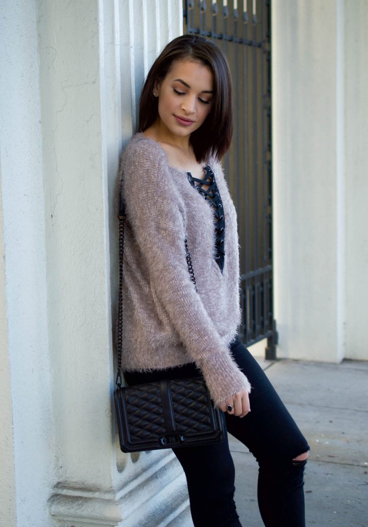 lace up sweater, express lace up sweater, fuzzy sweater, black ripped jeans, love crossbody, rebecca minkoff