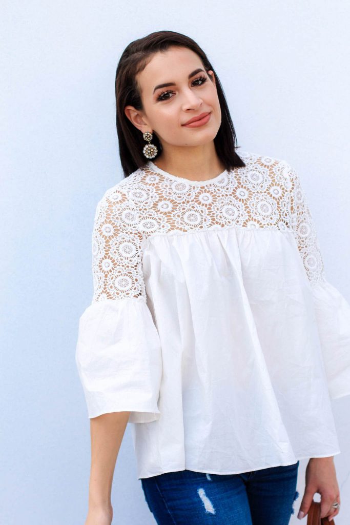 white embroidered top, chicwish top, white top for spring, bell sleeve top, sugarfix baublebar