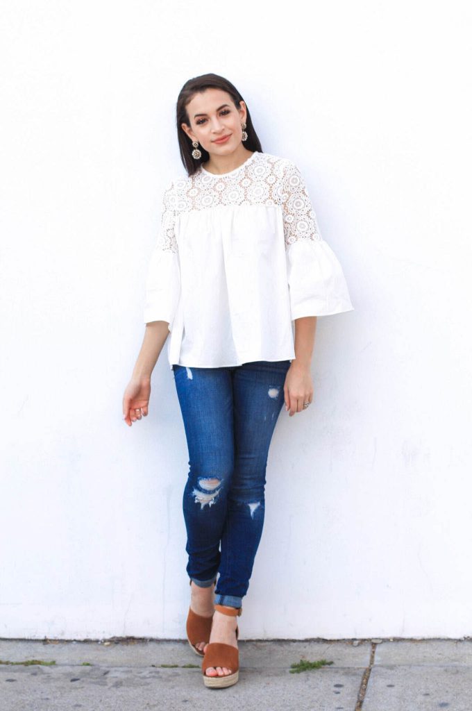 white embroidered top, chicwish top, white top for spring, bell sleeve top, sugarfix baublebar
