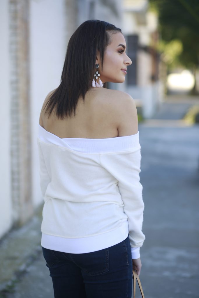 white off the shoulder sweater