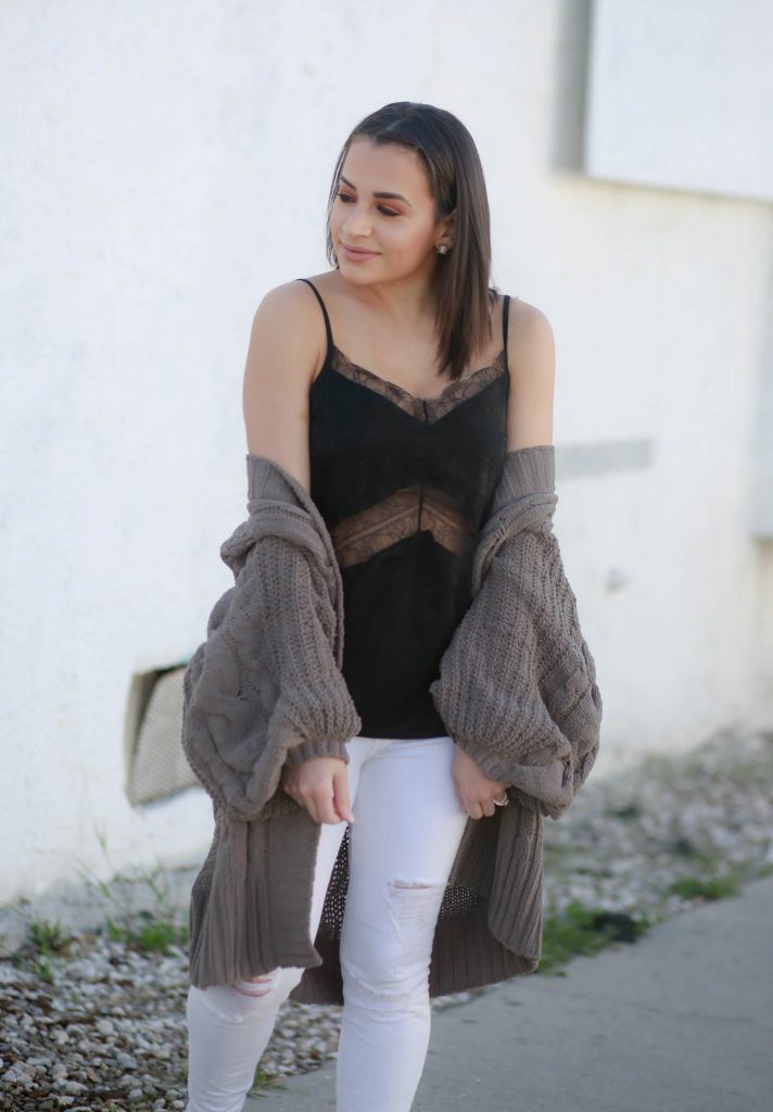 lace cami and oversized cardigan