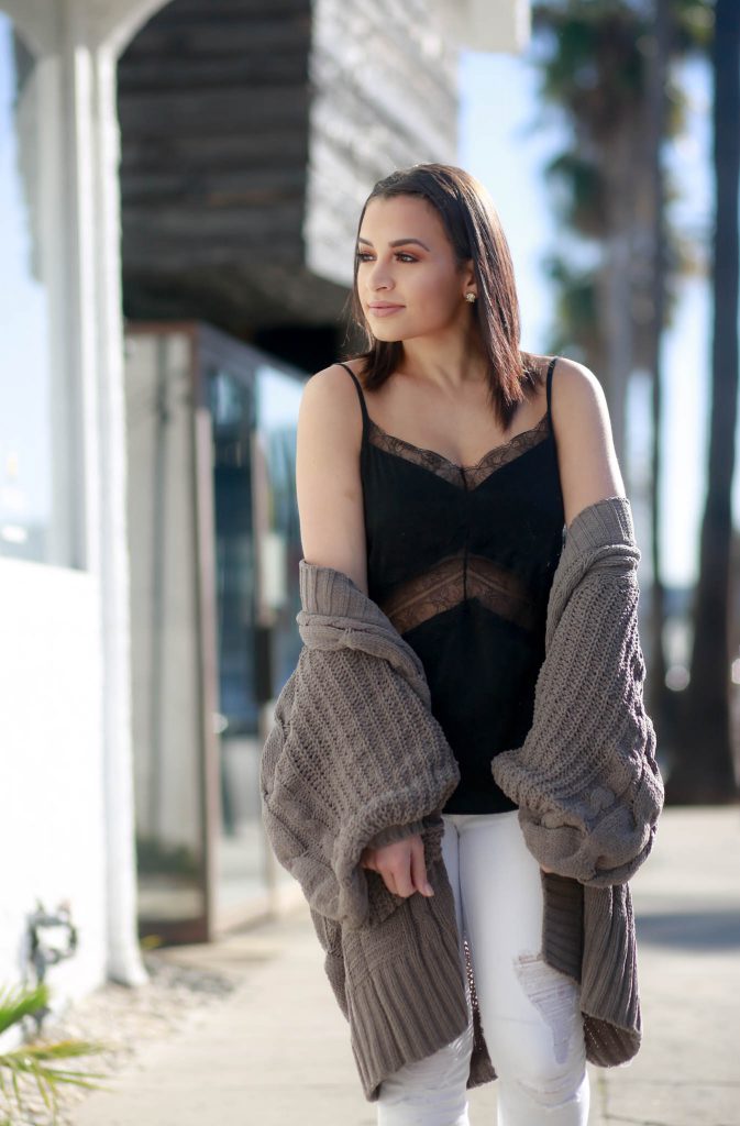 lace cami and oversized cardigan